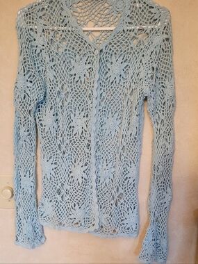 Light Blue Crochet Floral Cardigan Sweater - Women  Small